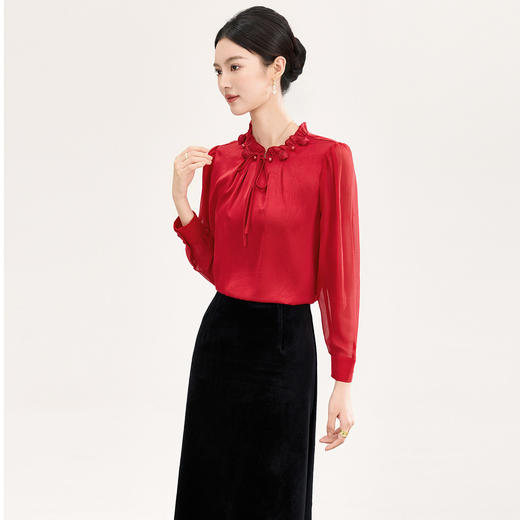 「高货wl」全新升级【铂金会员238/天猫319/差价81】(04229)洛诗琳2026春季新款法式提花肌理感绉缎拼乔其纱长袖衬衫 商品图1