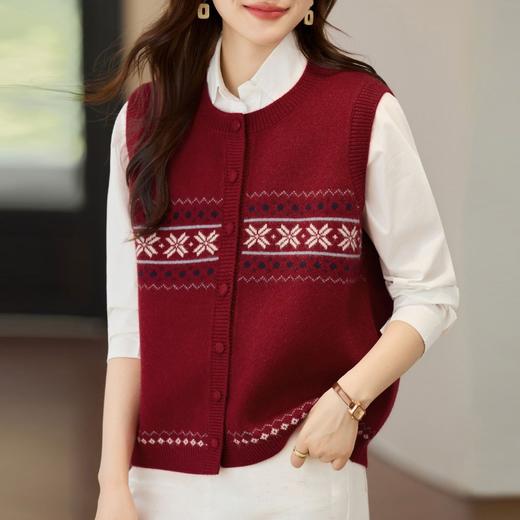 百媚生 针织开衫毛衣马甲女外套红色上衣马夹S92549011 商品图0