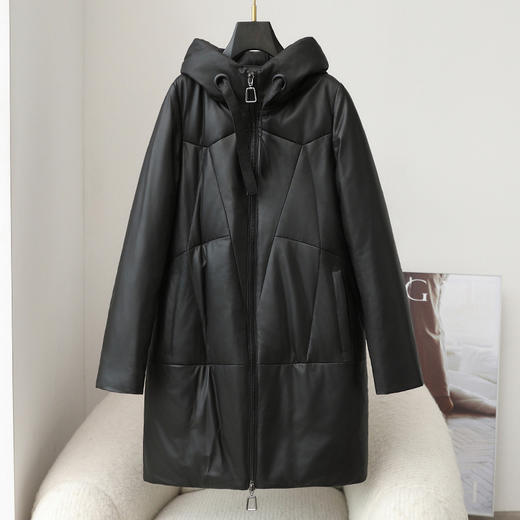 丁摩 真皮羽绒服女中长款白鸭绒皮草外套7502 商品图0