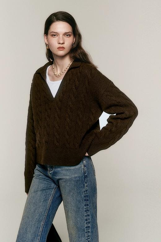 复古高克重90羊毛10羊绒法式大V领拧花棒针可叠穿毛衣 商品图5