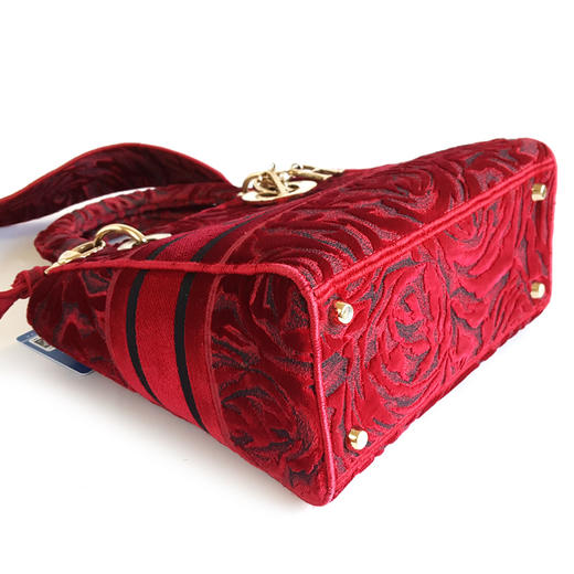 【95新】Dior迪奥Lady Dior手袋红色丝绒刺绣五格戴妃宽肩带手提单肩包女士 090126HS03 商品图5