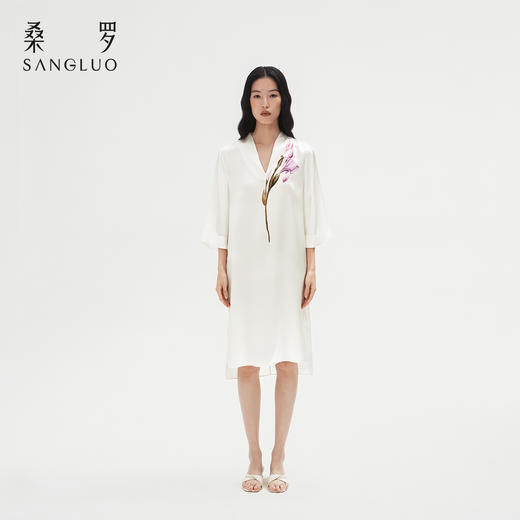 东方鸢尾』桑罗中式V领连衣裙桑蚕丝女士中袖睡裙可外穿 商品图3