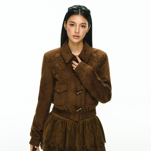 Ariseism 棕色麂皮暗纹绳绣翻领牛角扣夹棉棉服外套女冬季新款 商品图1