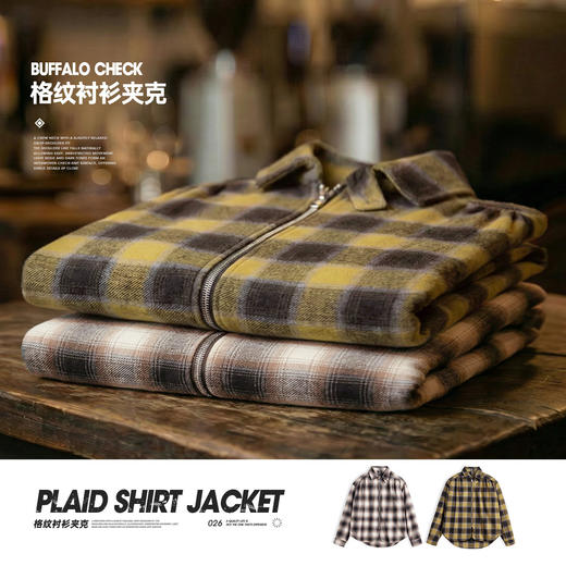 马登工装美式复古格子拉链衬衫翻领格纹纯棉外套开衫长袖衬衣男春 商品图0