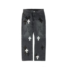 CHR-SH 黑白皮火焰膝黑灰牛仔裤