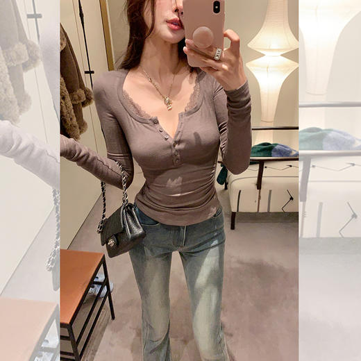 西遇拼接蕾丝内搭打底衫女2026年春季新款辣妹收腰显瘦长袖T恤SS060087 商品图1