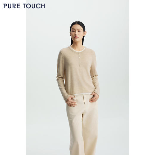 商场同款PURE TOUCH女装26春夏新款圆领羊毛针织衫撞色领宽松毛衣 商品图0