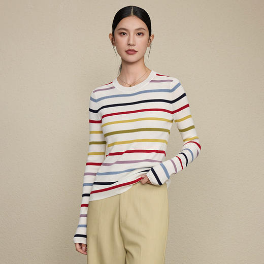 「高货rp」全新升级【铂金会员257/天猫339/差价82】(51416)洛诗琳气质彩虹条纹羊毛衫2026新款坑条修身打底针织毛衣 商品图2