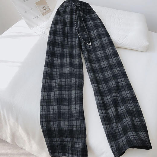 丁摩 敲保暖加绒加厚格子直筒阔腿裤女秋冬高腰宽松垂感拖地裤5ZF-1853 商品图0