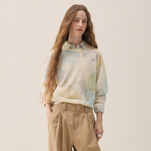 谜底套头针织衫长袖2026年春季新品干爽舒适印花毛衣女261MZ0310 商品图0