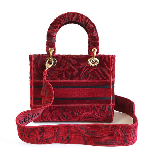 【95新】Dior迪奥Lady Dior手袋红色丝绒刺绣五格戴妃宽肩带手提单肩包女士 090126HS03 商品图3