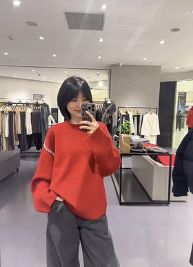 112-5 纯圆正 TH白色粗针缝线撞色 落肩袖 厚实宽松 新年红毛衣