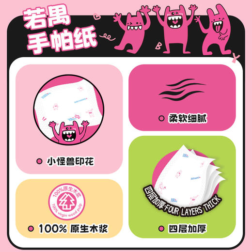 若禺RoyoPanda手帕纸小怪兽印花系列4层加厚7片盒装手帕纸原生木浆湿水可用1件8包8盒RS2301 商品图4