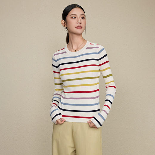 「高货rp」全新升级【铂金会员257/天猫339/差价82】(51416)洛诗琳气质彩虹条纹羊毛衫2026新款坑条修身打底针织毛衣 商品图1