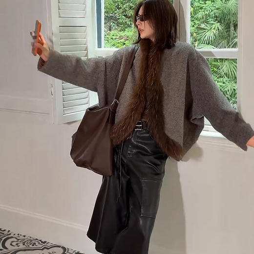 雀说韩系大码灰色短款毛呢外套女冬季毛领蝙蝠袖加厚呢子大衣ALW 商品图3