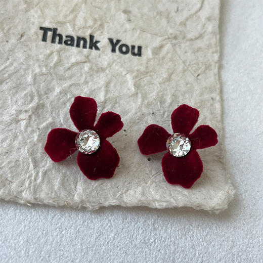 纯银耳钉过年爆款植绒花朵女新年秋冬高级感红色耳饰-纪念日百货门店同款168645873 商品图0