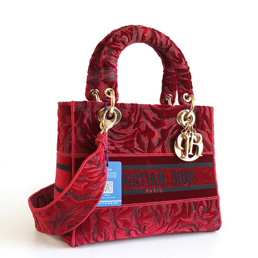 【95新】Dior迪奥Lady Dior手袋红色丝绒刺绣五格戴妃宽肩带手提单肩包女士 090126HS03 商品图1