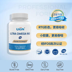 UGN 升级960高纯rTG鱼油软胶囊，rTG结构，金标，IFOS批次认证（120粒/瓶）减塑无瓶口外塑膜