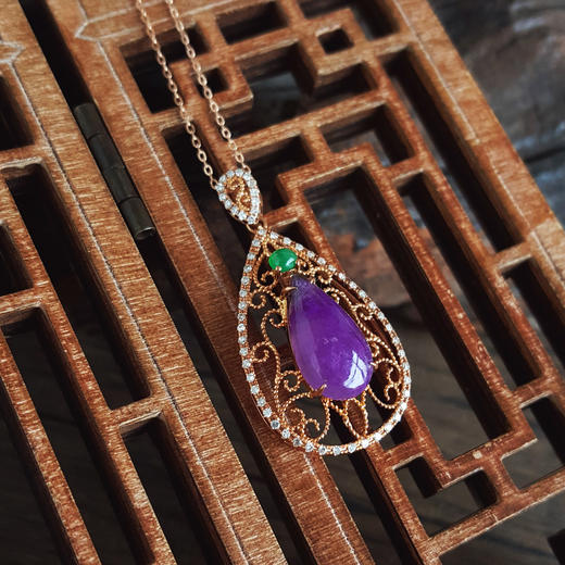 AU750玫瑰金镶钻镶天然细腻水滴型紫罗兰舒俱来吊坠项链32.6*16.7*8.2MM（皆取最大值）链长：45CM（长度可调节）120126XY05 商品图7