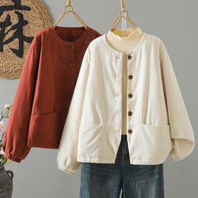 百媚生 文艺复古加厚外套女圆领单排扣夹棉棉袄保暖外套  B117