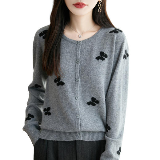 丁摩 气质蝴蝶提花100%纯羊毛开衫女圆领软糯毛衣外套QS-263-90 商品图4