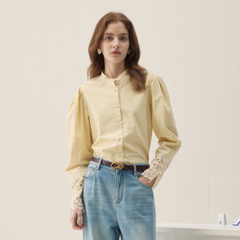 谜底立领衬衣长袖2026春季新品全棉定位绣花优雅衬衫女261MC0213