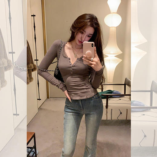 西遇拼接蕾丝内搭打底衫女2026年春季新款辣妹收腰显瘦长袖T恤SS060087 商品图3