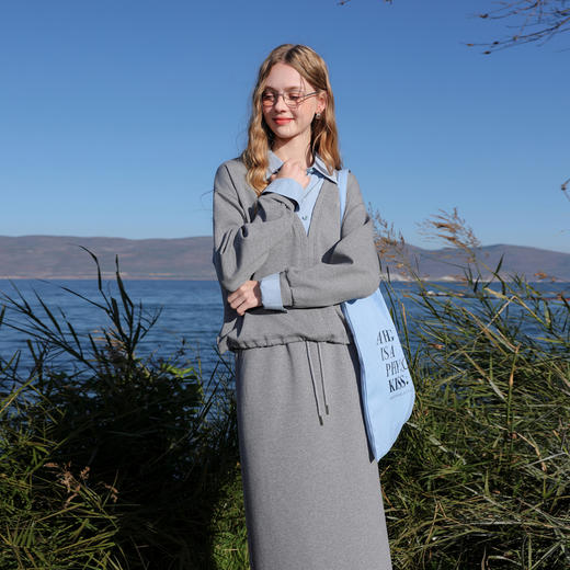 三彩2026春季新款卫衣套装假两件套头衫直筒半身裙长裙两件套M 商品图2