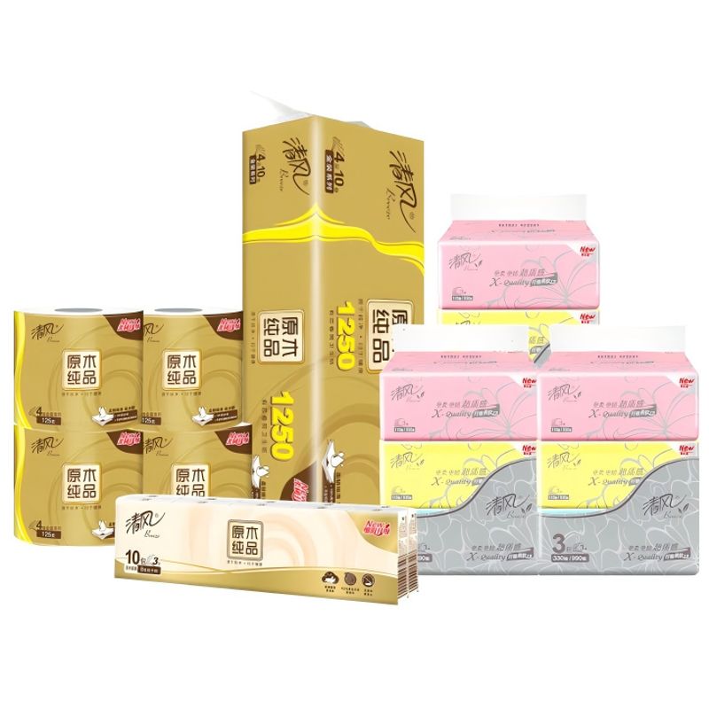 【自营】清风 家庭纸品礼包 12卷+19包 纸巾卷纸手帕纸