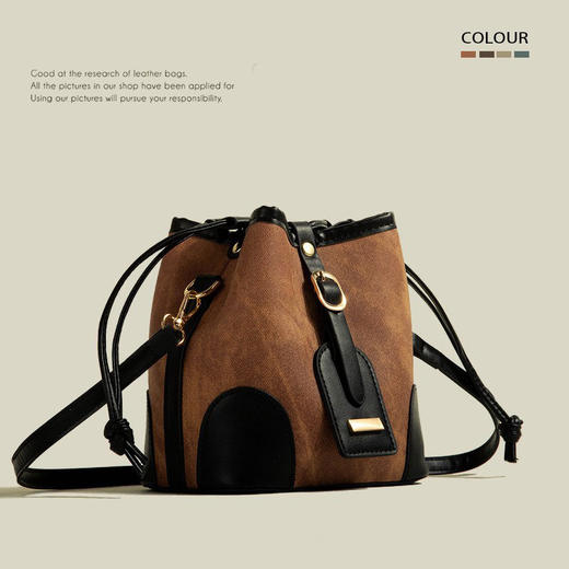 【经典撞色❗️抽绳设计水桶包】简约百搭包包，容量大实用性强，优质PU皮革制作，耐磨耐用，2026新款时尚撞色水桶包小众高级感通勤单肩包QQ 商品图4