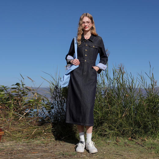 【不易褪色】三彩2026春季新款翻领收腰牛仔裙连衣裙直筒裙纯棉M 商品图1