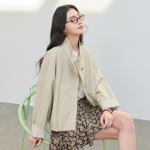 三彩2026春季新款立领长袖廓形外套夹克卡其工装风开衫宽松休闲M 商品图2