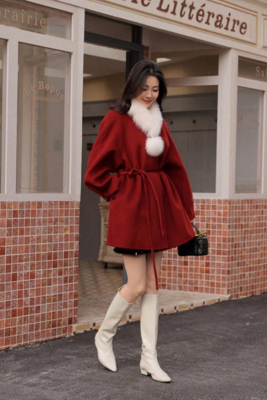 【门店同款】ENJOY冬季“午马”狐狸毛领系带收腰大衣 169443501 商品图1