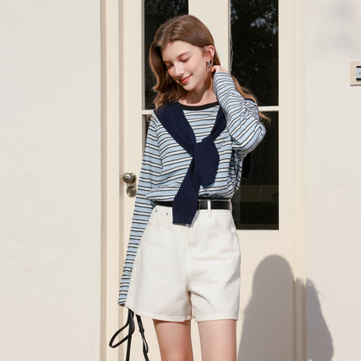 三彩2026春季新款圆领长袖条纹T恤套头上衣宽松显瘦绣花休闲M 商品图3