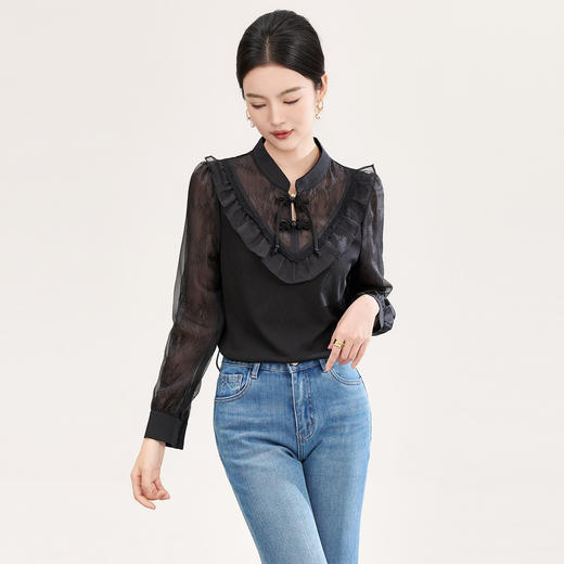 「高货wl」全新升级【铂金会员257/天猫339/差价82】(01955)洛诗琳国风蕾丝拼接上衣2026春季新款珍珠盘扣旗袍式衬衫 商品图1