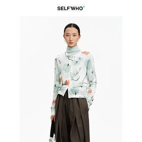 SELFWHO天丝亚麻混纺满印兰花针织开衫女2026春新款圆领正肩毛衣