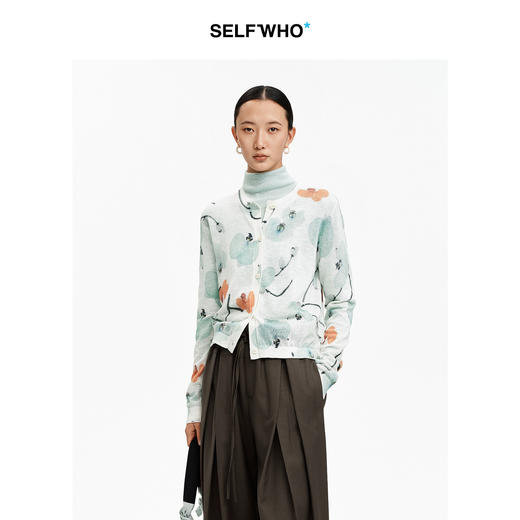 SELFWHO天丝亚麻混纺满印兰花针织开衫女2026春新款圆领正肩毛衣 商品图0