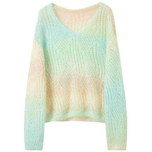 三彩2026春季新款宽松V领落肩袖针织衫套头毛衫段染渐变M 商品图4