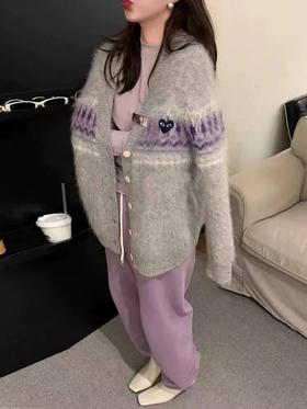 F011336慵懒氛围感灰紫渐变马海毛针织开衫女