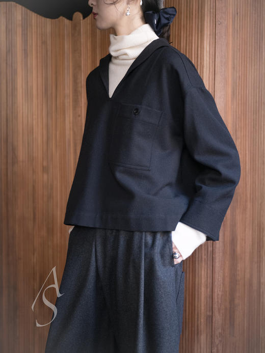 MHL 日版黑色羊毛水手领单口袋上衣 商品图1