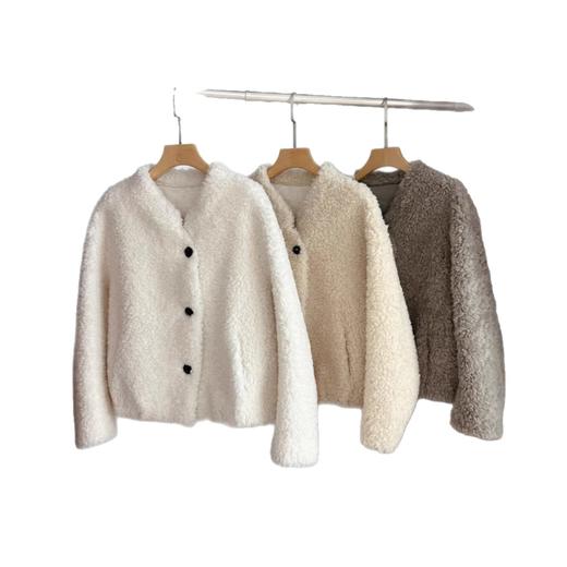 100%全羊毛外套！2026新款小V领廓形韩系宽松羊羔毛气质毛绒绒外套！ 商品图5