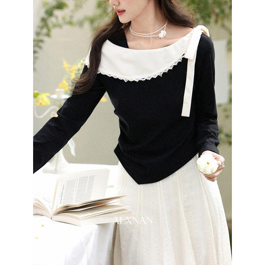 鹿向南「风传花信」法式黑杏色不规则T恤显瘦长袖女2026春季新款 商品图2