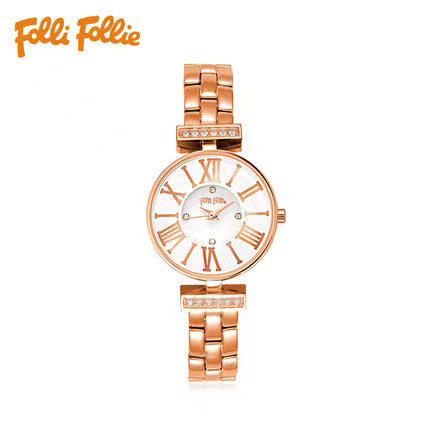 follifollie手表真皮罗马刻度闪亮圈口复古经典系列石英生活防水女表表盘直径22mm 商品图0