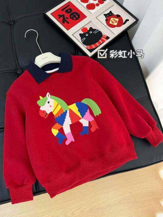 F011370浓浓中国年氛围拿捏住！小马印花内里夹绒软糯保暖儿童红色卫衣 商品图12