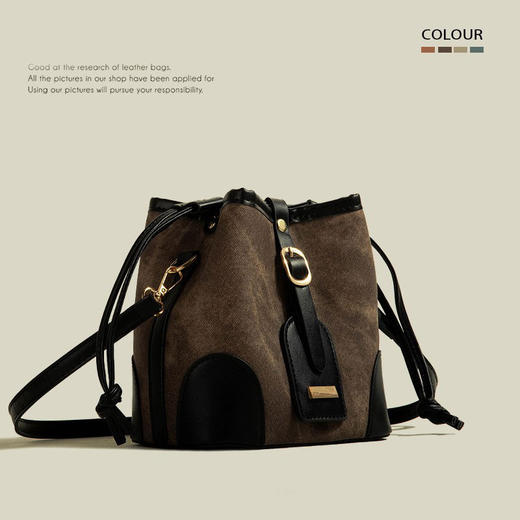 【经典撞色❗️抽绳设计水桶包】简约百搭包包，容量大实用性强，优质PU皮革制作，耐磨耐用，2026新款时尚撞色水桶包小众高级感通勤单肩包QQ 商品图2