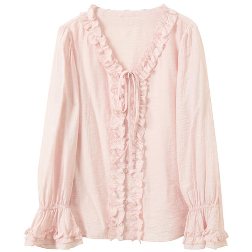 三彩2026春季新款喇叭袖木耳边V领系带衬衫复古衬衣气质上衣宽松M 商品图4