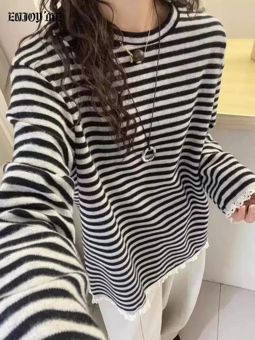 【门店同款】ENJOY冬季“暖冬知性”条纹花边长袖T恤 169095228 商品图2