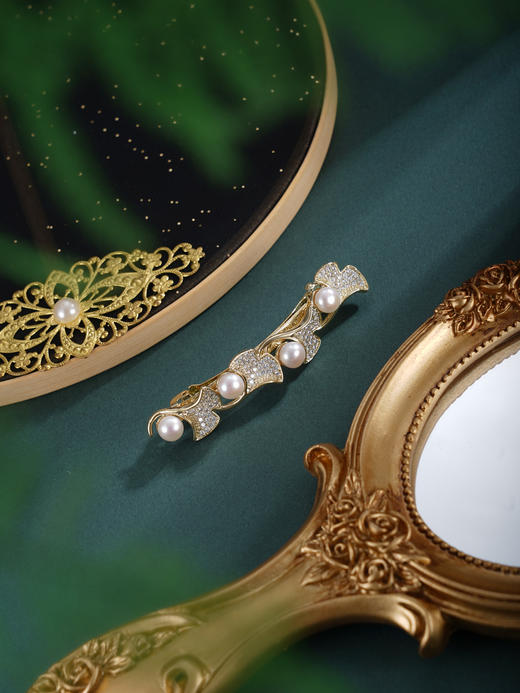 子佩集【珍幸运】珍珠惜王妃发夹【HBFJ030】6.5mm珠镀金银杏叶2601 商品图3