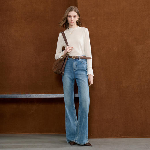 三彩2026春季新款半高领小衫木耳边喇叭袖上衣内搭打底衫M 商品图1