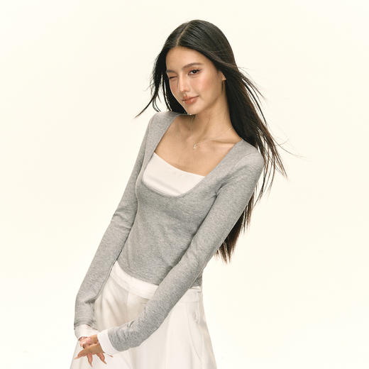 Ariseism 美式复古高级感假两件长袖女春季新款修身打底上衣 商品图0